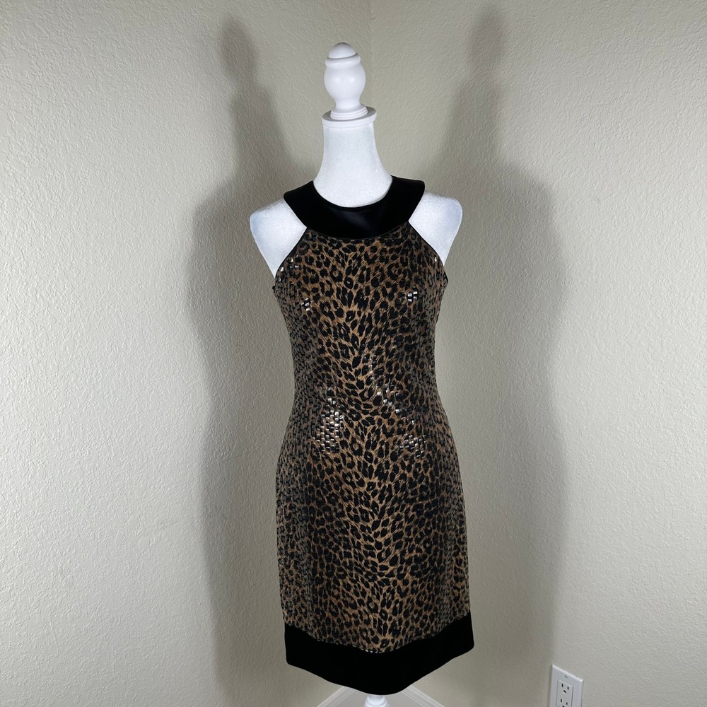 Cache Sheath Dress Womens 2‎ Brown Leopard Sequin Halter Mob Wife Glam